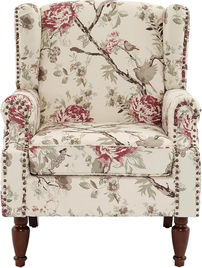 High Back Accent Chairs Set of 2, Floral Wingback Chair Fabric Upholstered Armchair for Living Room, Nailhead Trim Single Sofa Bedroom Reading Seat - Beige