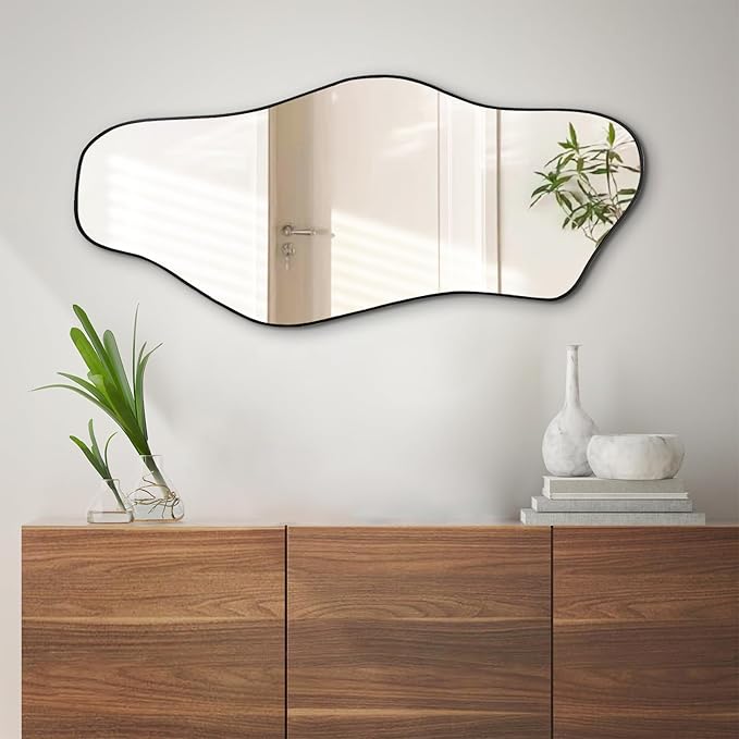 Irregular Wall Mirror, Asymmetrical Frameless Mirrors, 40"x17.7" Bathroom Mirror for Over Sink, Modern Cloud Shaped Mirrors for Living Room Bedroom Hallway Entryway Fireplace