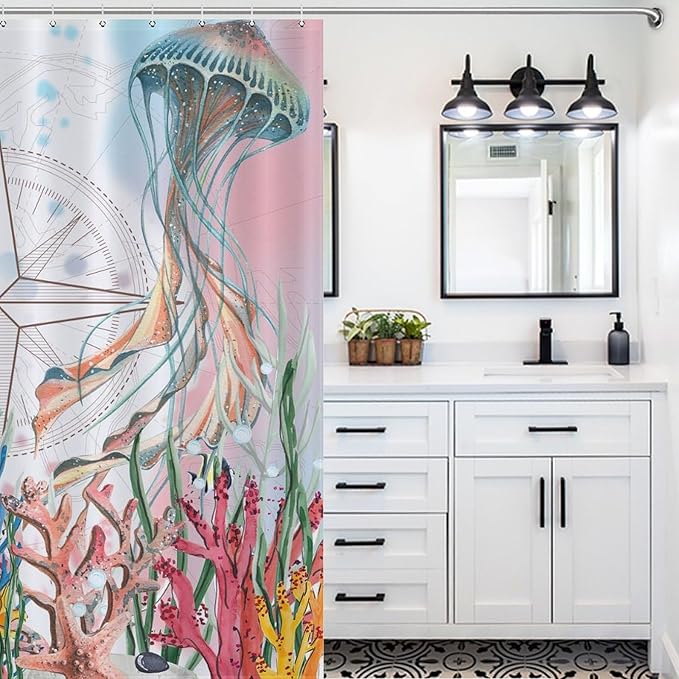 Coastal Jellyfish Shower Curtains,Beach Nautical Ocean Starfish Seashell Seahorse Underwater Animal Theme Bathroom Curtain Waterproof Fabric Machine Washable with Hooks,72x84Inch
