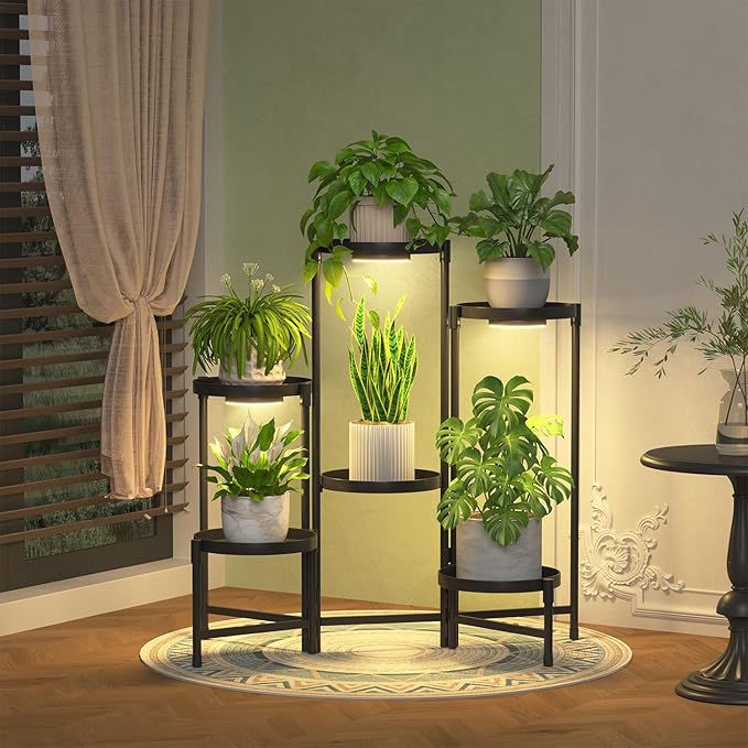 iDavosic.ly 6 Tier Large Plant Stand Indoor with Grow Light, Tiered Corner Metal Outdoor Flower Display Holder Shelf with 10 Inch Wide Tray, Folding Tall Rack for Patio Porch Living Room, Black