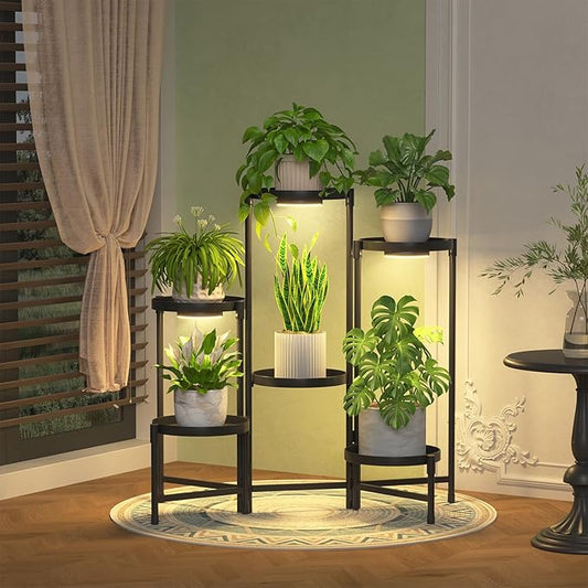 iDavosic.ly 6 Tier Large Plant Stand Indoor with Grow Light, Tiered Corner Metal Outdoor Flower Display Holder Shelf with 10 Inch Wide Tray, Folding Tall Rack for Patio Porch Living Room, Black