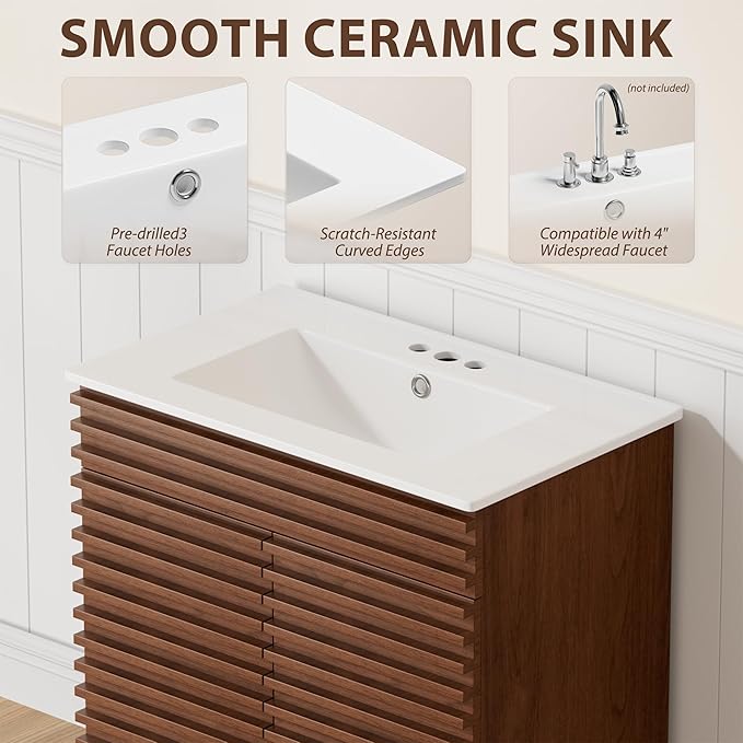 APRILSOUL 30" Bathroom Vanity with Ceramic Sink, Mid-Century Bathroom Vanity Cabinet with 2 Soft Closing Doors, Freestanding Bathroom Cabinet, Particleboard Frame with Wood Grain Laminate, Walnut