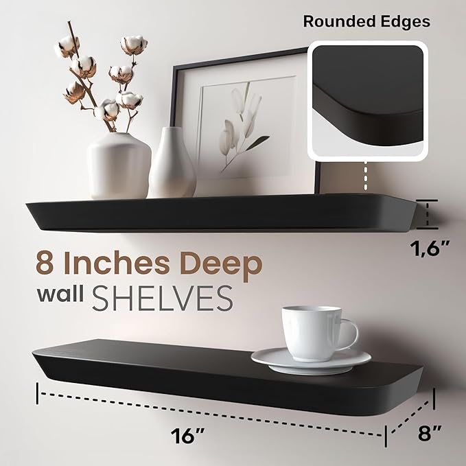 Black Floating Shelves for Wall 16 inch(Set of 2) -Premium Small Wooden Shelf - Natural Wood Floating Shelves for Bathroom & Kitchen -Solid Wood Shelving Wall Mounted -8inch deep Hanging Shelf