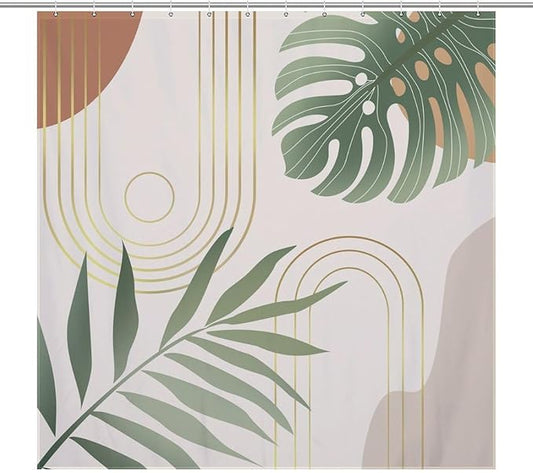 Boho Mid Century Shower Curtain,Modern Abstract Plant Botanical Palm Leaf Minimalist Bathroom Curtain Polyester Waterproof Fabric Decor 72x72in（183x183cm）