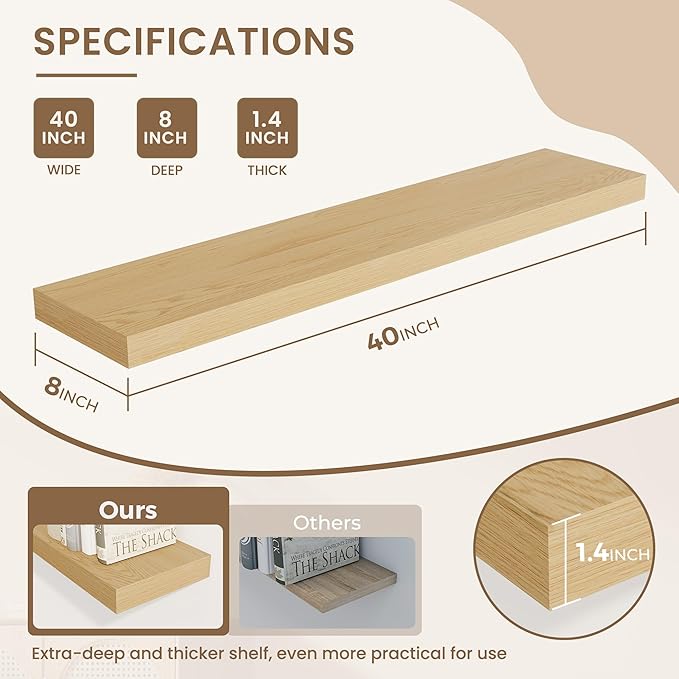 Dreamland Deep Floating Shelves, 8" Deep Long Shelves Set of 2, 40 Inches Floating Shelf for Wall,Large Display & Storage Shelf for Bathroom Bedroom Living Room Kitchen Office, Oak