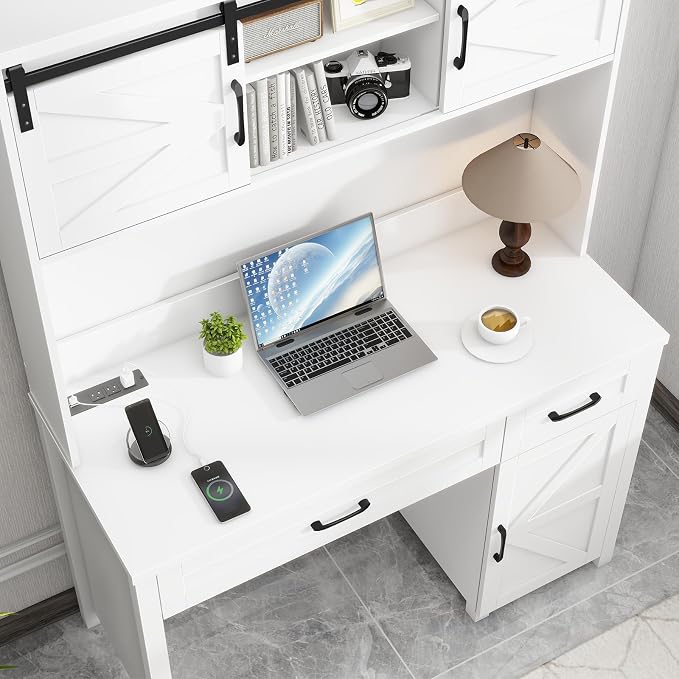 Vabches Farmhouse 47" Executive Desk, Computer Desks with 2 Drawers and Storage Cabinet, Home Office Desk with Hutch and Charging Station, Workspace for Work and Study (Cream White
