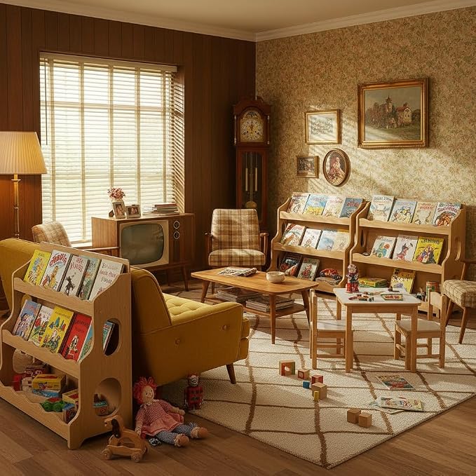 Kids Bookshelf Wooden Montessori Book Shelf Dutch Design 3Tier Scalloped,NaturalMapleWood GrainPattern