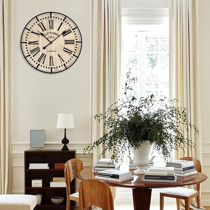Rustic Farmhouse Wall Clock 24 Inch, Vintage Oldtown London Wooden Large Clock with Silent Tick, for Bedroom, Office, Kitchen, Indoor Home Decoration
