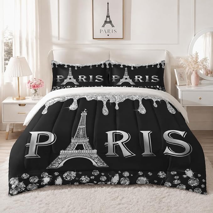 WeCozy Twin Size Comforter Set with Pillowcase, Silver Paris Eiffel Tower 2 Pcs Bedding for Kids and Adults, Black France French City Soft Comforter Set for Bedroom Bed Decor