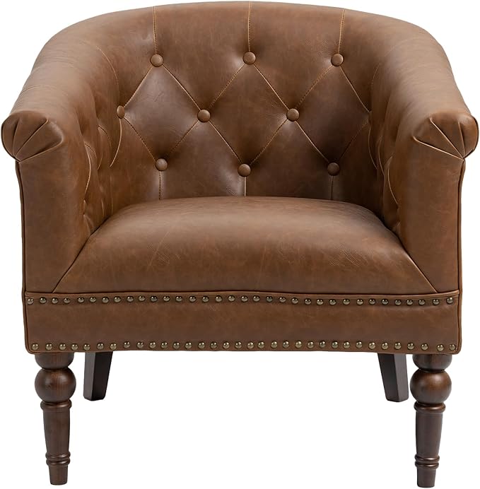 UIXE PU Leather Barrel Club Chairs Set of 6, Modern Arm Accnet Chair Comfy Upholstered Armchair, Nailhead Trim Living Room Single Sofa Reading Seat Bedroom Side Sitting for Office, Brown