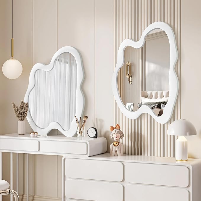 Irregular Wall Mirror - 28" x 36" Asymmetrical Wavy Mirror, Modern Decorative Wall Mirror with Black Wood Frame for Bedroom, Living Room, Entryway, Bathroom, Cloakroom