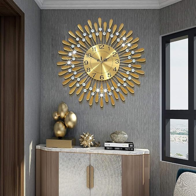 Large Wall Clock Metal Decorative 3D Non-Ticking Silent Quartz with Arabic Numerals for Living Room Home Kitchen Decor Gold