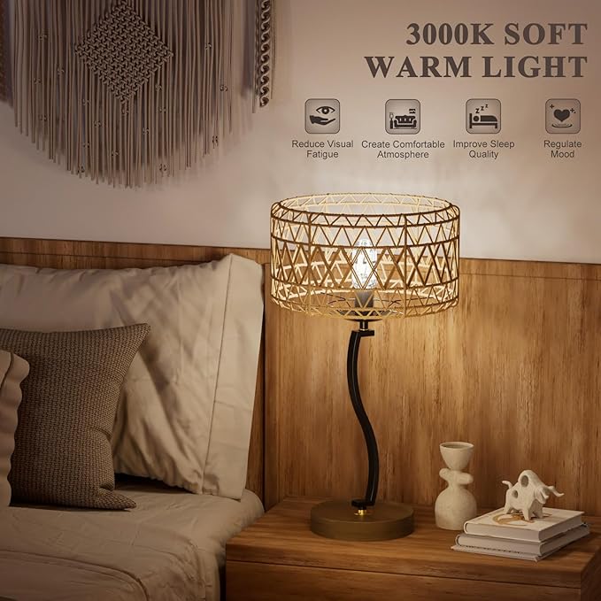 N11-2 Large Rattan Boho Table Lamp, 23" Bohemian Decor Light with USB-A & Type-C Charging Ports, Touch Control 3-Way Dimmable Farmhouse Lamp for Nightstand, Bedroom, Living Room(Bulb Included)