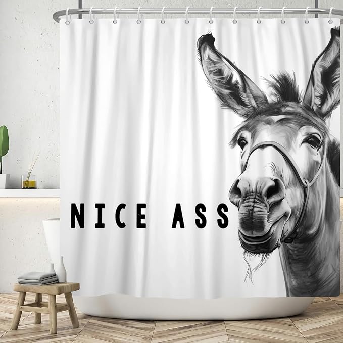 Funny Donkey Shower Curtains Joke Hilarious Animal Bathroom Curtain Rustic Farmhouse Cute Donkey White Shower Curtain Sets for Bathroom Extra Long 60x72 in with 10 Hooks