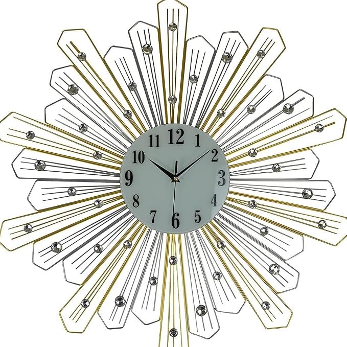 HomeRoots 27" Gold Silver and Metal and Faux Crystals Silent Analog Sunburst Wall Clock