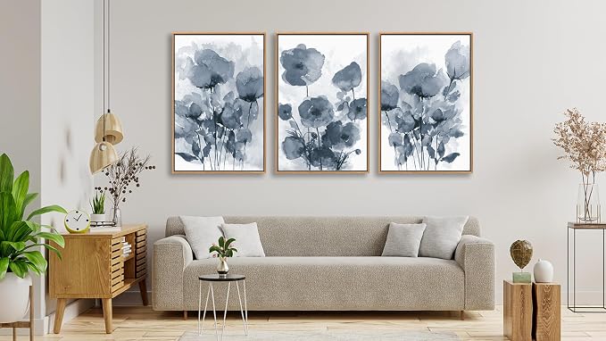 arteWOODS Botanical Framed Wall Art - Abstract Watercolor Style Pictures Grey Blue Floral Wall Decor Minimalist Prints Aesthetic Flowers Painting Artwork 24" x 36" Set of 3 Natural Framed