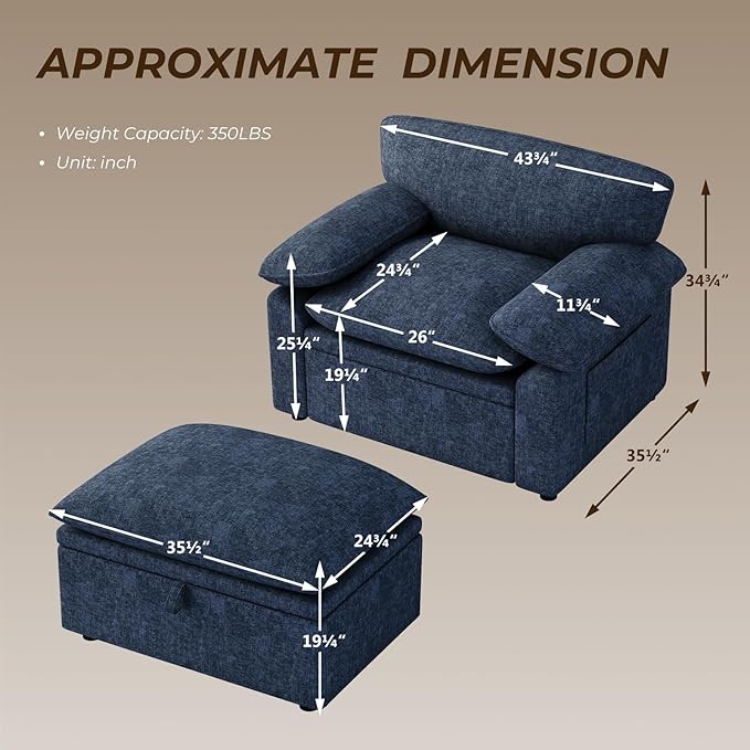 Furnimart Oversized Accent Chair with Storage Ottoman, Super Plush Cloud Chair with Chunky Cushion, Comfy Chenille Chaise Lounge, Dark Blue Lounge Chair for Living Room Bedroom Reading Nook