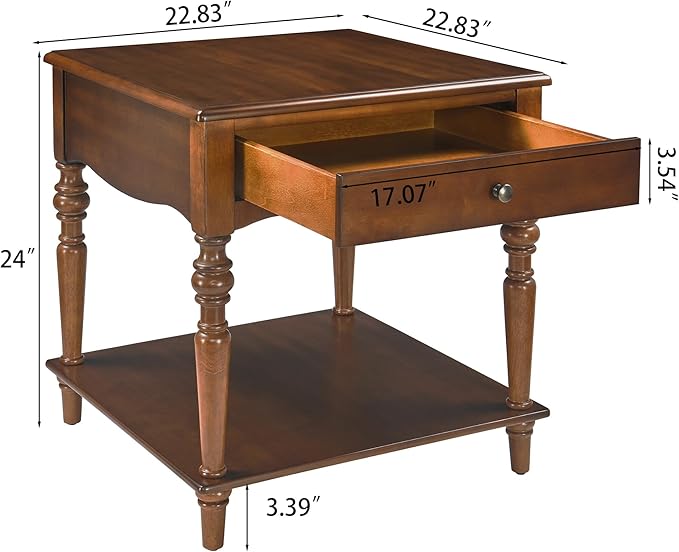 Solid Wood End Table with Drawer and Storage Shelf, Anne Queen Designed Beside Table with Solid Wood Roman Legs, Square Accent Tables and Meeting Table for Living Room, Bedroom Cherry Brown