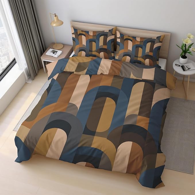 Mid Century Modern Duvet Cover Queen Size, Retro Geometric Bedding Set 3 pcs with 2 Pillow Covers, Abstract Boho Bedroom Decor, Soft Microfiber Reversible, Zipper & Ties KJJT 109