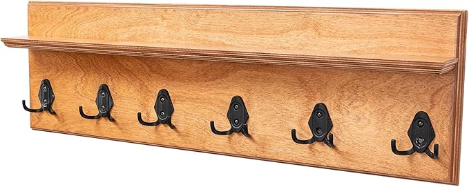 Rustic Wall Mounted Coat Rack with Shelf Wooden Entryway Organizer with 5 Metal Hooks for Coats Hats Towels Keys Floating Storage Shelf for Bathroom Bedroom (Oak, 40 inch (7 Hooks))