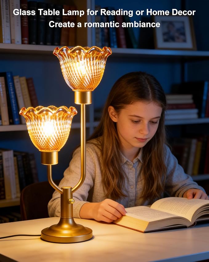 Lightdot Gold Table Lamp for Bedroom Dimmable Mid Century Modern Flower Desk Lamp Amber Glass Vintage Nightstand Lamp 2 Bulbs Included Warmwhite Ambient Bedside Lamps for Living Room Home Office Decor