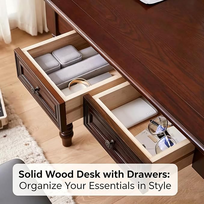 Solid Wooden Vintage Desk with Drawers, Small Dark Writing Desk with Drawers for Computer, Vintage Vanity Desk, Study or Gaming, Easy to Assemble (Walnut, 39in)