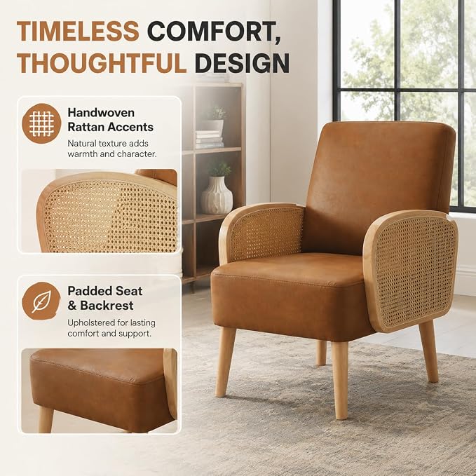 Faux Leather Upholstered Armchair with Solid Wooden Legs