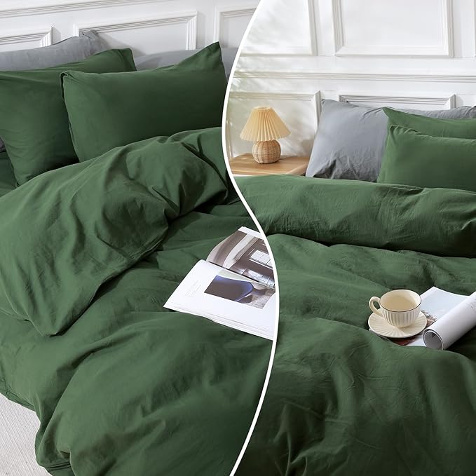NEXHOME PRO Duvet Cover Set Kids Twin Size Linen Feel Textured Organic Natural 100% Washed Cotton Duvet Cover 2 Pieces Bedding Set with Zipper Closure, Breathable, Forest Green (No Comforter)