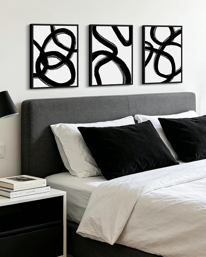 KUVIOKE Black and Gray Abstract Framed Wall Art Ink Wash Minimalist Lines Painting Artwork for Bedroom Hallway 12x16in (Black Framed)