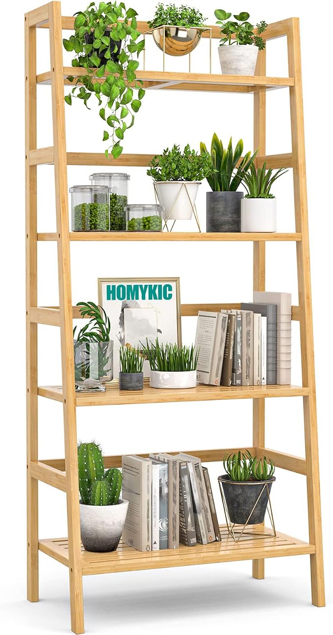 Homykic Ladder Shelf, 4-Tier Bamboo Ladder Bookshelf Small Bookcase, 49” Tall Open Display Shelves Wood Plant Stand Storage Rack for Living Room, Bathroom, Bedroom, Home Office