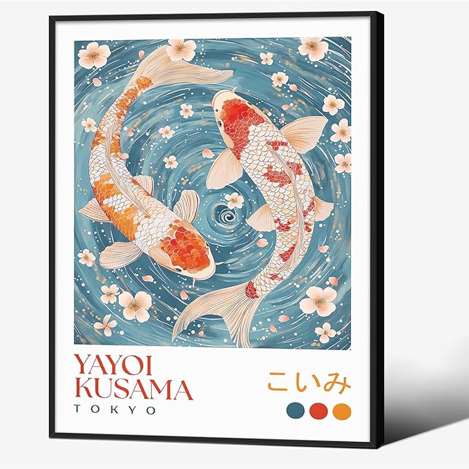 Light Blue Koi Fish Wall Art Japanese Yayoi Kusama Canvas Poster 12X16 inch Black Framed Modern Vintage Animal Aesthetic Paintings for Living Room Bedroom Dorm Wall Decor