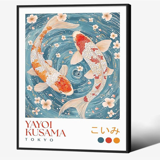 Light Blue Koi Fish Wall Art Japanese Yayoi Kusama Canvas Poster 12X16 inch Black Framed Modern Vintage Animal Aesthetic Paintings for Living Room Bedroom Dorm Wall Decor