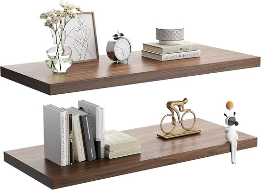 Wall Shelf Set of 2, Walnut Floating Shelves 30 in W x 10 in D x 1 in H, Wooden Floating Wall Shelf with Invisible Brackets for Living Room/Bedroom/Bathroom/Kitchen Storage and Decor
