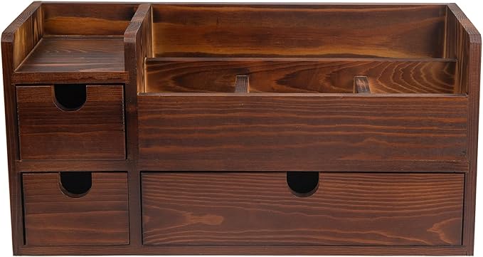 Rustic Brown Wooden Desktop Organizer Drawers Removable Office Supplies Torched Wood Storage Cabinet Caddy Box Stationery Pencil Slots Mail Holder Notes Accessories Home Makeup Tools Cosmetics