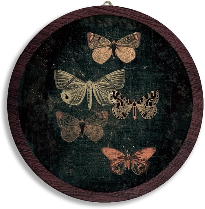 TFKFJLF Vintage Butterfly Wall Art Decor, Dark Moody Cottagecore Moth Butterfly Framed Wooden Artwork, Neutral Farmhouse Round Wall Hanging Decor for Home Bedroom Living Room, 10x10 Inch