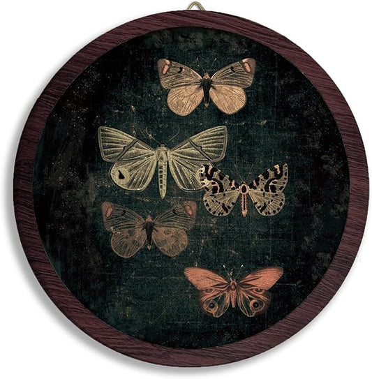 TFKFJLF Vintage Butterfly Wall Art Decor, Dark Moody Cottagecore Moth Butterfly Framed Wooden Artwork, Neutral Farmhouse Round Wall Hanging Decor for Home Bedroom Living Room, 10x10 Inch