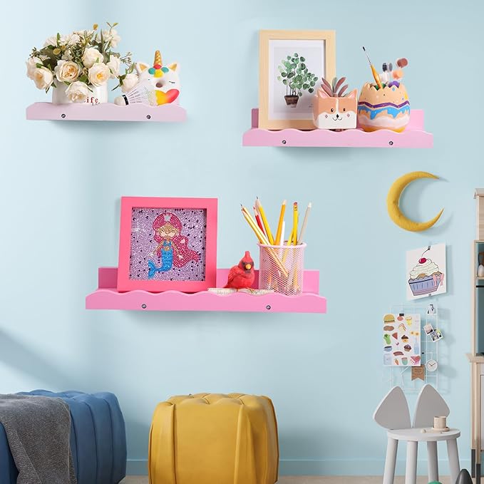 Suzile Set of 4 Floating Nursery Book Shelves for Wall Wood Floating Bookshelves Picture Small Ledge Shelf for Wall Boys Girls Teen Room Bathroom Bedroom Decor Storage(Pink)