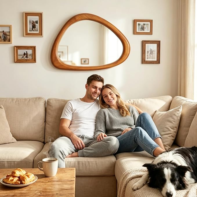 MAGFLERUM Irregular Wall Mirror, 30 * 20 inch Asymmetrical Wood Mirrors, Entryway Mirror, Hanging Vertically and Horizontally. Mirrors for Wall Decor (Red Walnut)