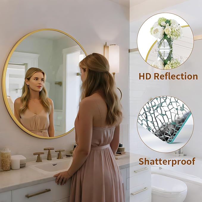Round Mirror Wall Mounted Mirror - 24" Gold Circle Mirror Bathroom Vanity Mirror with Aluminum Frame for Bedroom Living Room Entryway Decor