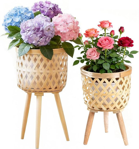 Boho Rattan Plant Stand Set of 2 – Handwoven Tall Elevated Wicker Plant Baskets for Indoor Plants, Mid-Century Modern Wooden Planter Holder with Tripod Legs, Farmhouse Home Decor