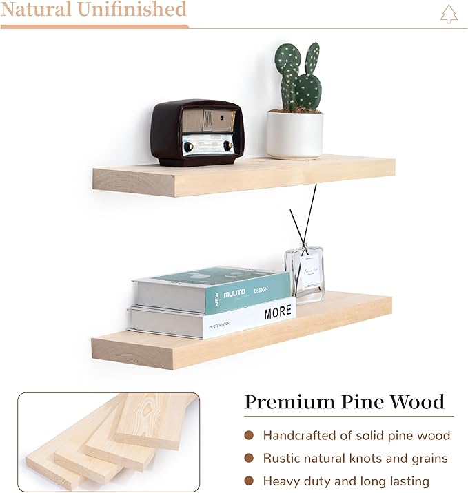 Marsmiles Natural Wood Floating Shelves | 24 Inch Unfinished Wood Wall Shelves Set of 2 | 24" W x 6.7" D Rustic Wooden Shelves for Bathroom Kitchen Living Room Bedroom