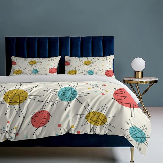 Mid Century Duvet Cover Queen Retro Atomic Bedding Set, Rainbow Grid Comforter Cover Vintage Fifties 1950s Bed Set，Abstract Art Bedding 3 Piece (1 Duvet Cover 102"x90" + 2 Pillow Sham 20"x30")