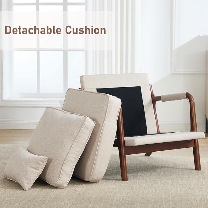 ANJ Mid Century Modern Accent Chair Set of 2, Lounge Reading Armchair with Extra Side Pocket & Detachable Cushion, Comfy Fabric Accent Chairs for Living Room, Bedroom,Beige