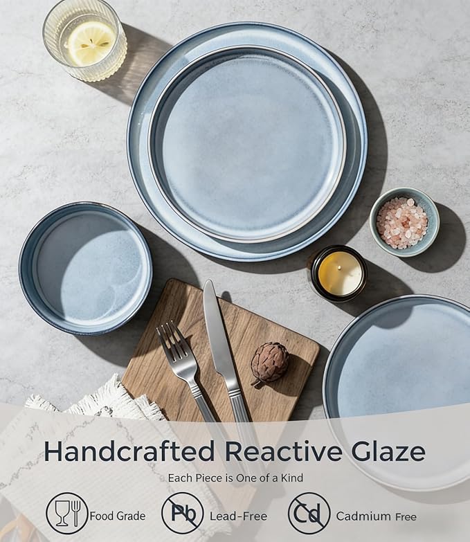 GBHOME 12-Piece Stoneware Dinnerware Set for 4 – Ribbed Ceramic Plates and Bowls, Scratch-Resistant, Microwave & Dishwasher Safe, Reactive Glaze, Deep Tidal Blue