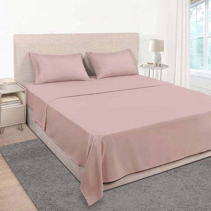 Mejoroom King Size Bed Sheet Set - Hotel Luxury 1800 Bedding Sheets & Pillowcases - 16" Deep Pocket Fitted Sheet, Soft, Breathable, Wrinkle & Fade Resistant - 4 Piece(King, Dusty Pink)