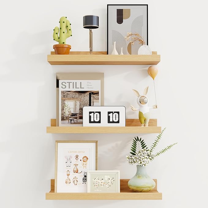 Axeman Picture Ledge Shelf | 16 Inch Oak Floating Shelves Set of 3 | Rustic Wood Wall Shelves with Lip | 16" Oak Picture Shelf for Wall with Ledge | Photo Shelves