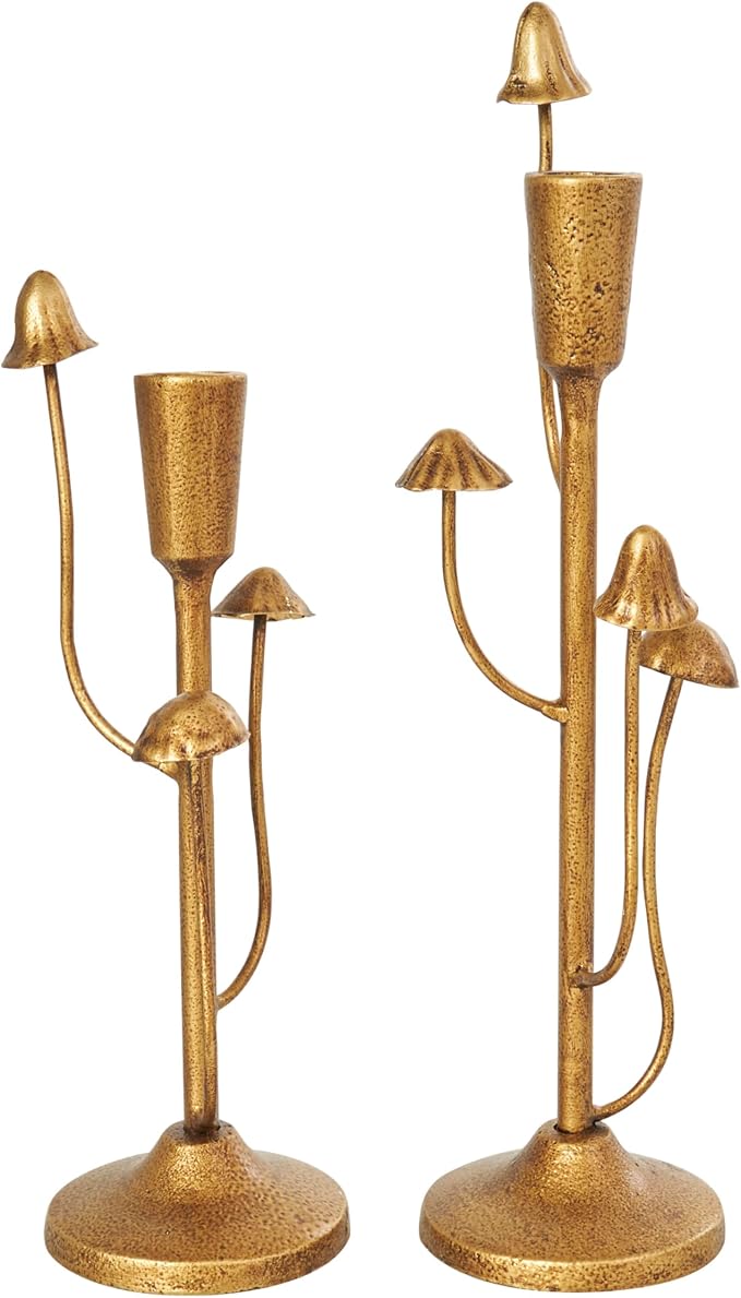 Deco 79 Metal Abstract Decorative Candle Holder Mushroom Inspired Candle Stand, Set of 2 Candlestick Holder 11", 14"H, Gold