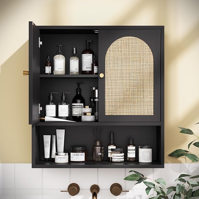 VINGLI Black Rattan Medicine Cabinet Wall Mounted, Arched Modern Farmhouse Storage Over Toilet with Adjustable Shelf & Soft-Close Doors, Moisture-Resistant Cane Webbing Organizer