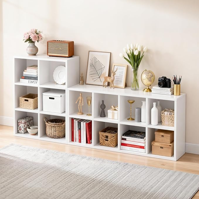 LUCKLIFE 8-Cube Storage Organizer, Stackable Modular Bookcase Shelf with Vertical or Horizontal Use, Fits 11×11" Bins, Optional Back Panels, for Living Room, Office, White