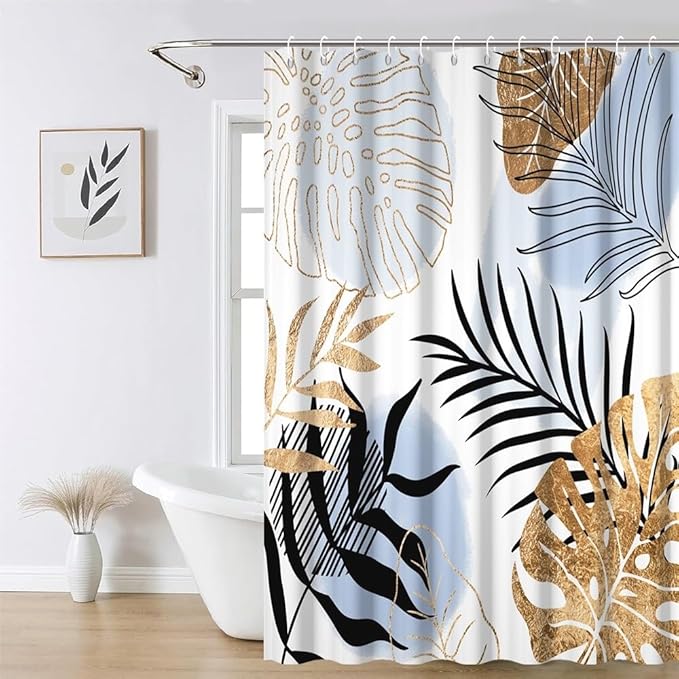 Modern Boho Shower Curtain Blue Gold Palm Leaves Abstract Aesthetic Bathroom Decor Gorgeous Watercolor Botanical Theme Bohemian Bath Curtains Washable Waterproof Polyester Fabric with Hooks 69x70 Inch